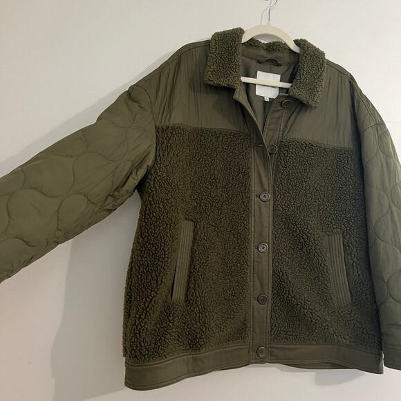 Madewell Hybrid Sherpa Jacket Olive Green Button Front Shacket Size XL - Picture 2 of 10